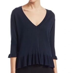 Cinq a Sept Ariana Ruffle Hem 3/4 Sleeve Sweater Silk Cashmere XS Quiet Luxury